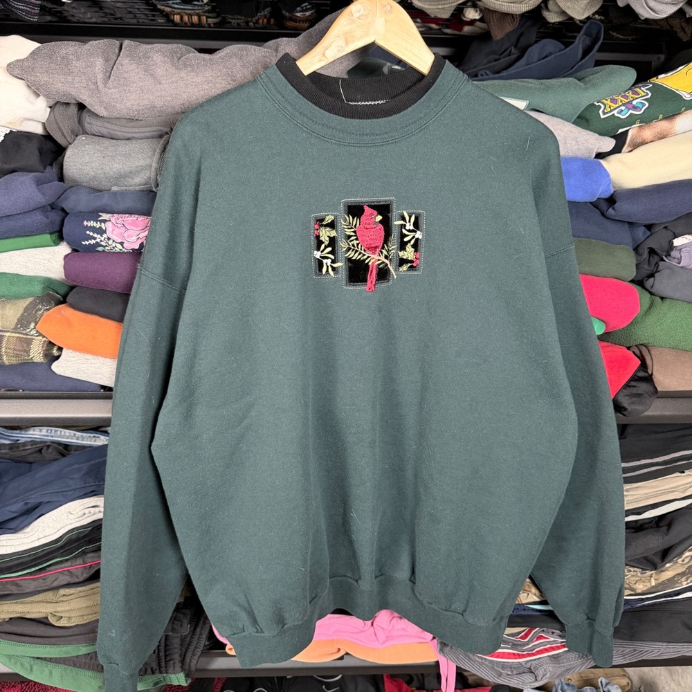Vintage grannycore Cardinal Embroidered Green Crewneck Sweatshirt Women's XL